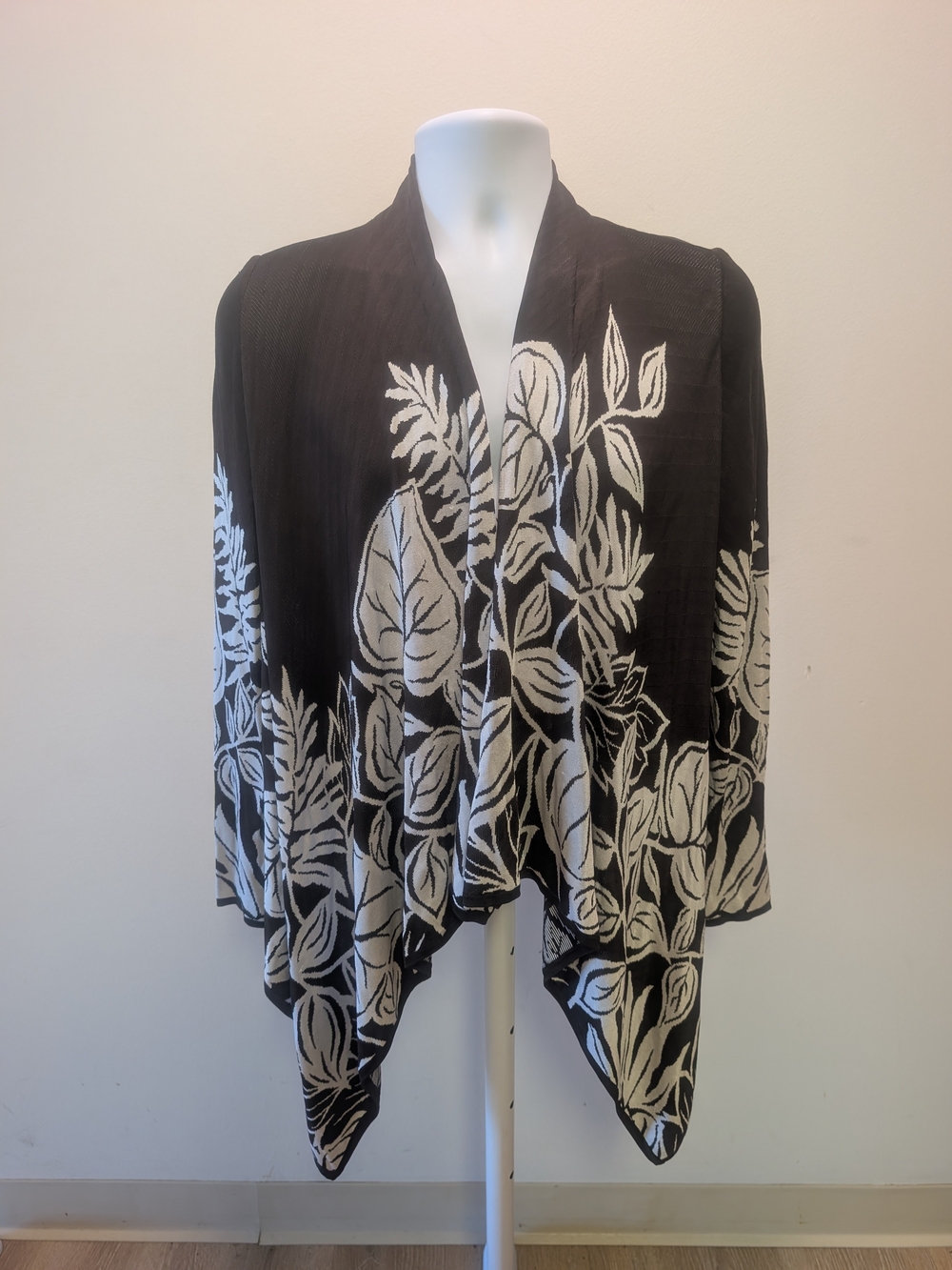 St. John Black and White Botanical Open-Front Poncho